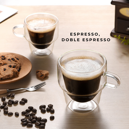 Tazas Doble Fondo de Cristal para Espresso, Americano, Café con leche, Té. Set de 2 Tazas Doble Pared, 225 ml. Transparentes y Aisladas