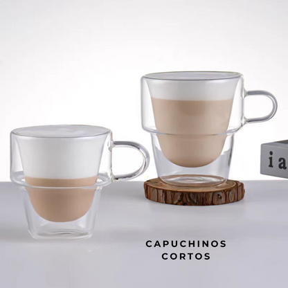 Tazas Doble Fondo de Cristal para Espresso, Americano, Café con leche, Té. Set de 2 Tazas Doble Pared, 225 ml. Transparentes y Aisladas