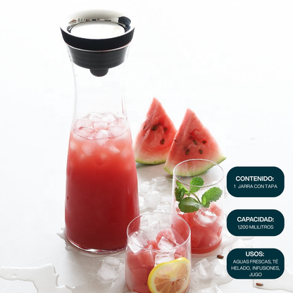 Jarra de Vidrio Borosilicato 1,200 ml para Agua, Infusiones, Limonada, Jugo, Té Helado. Jarra de Agua con Tapa para Bebidas Frías y Calientes. Elegante, Moderna, Minimalista, Aesthetic