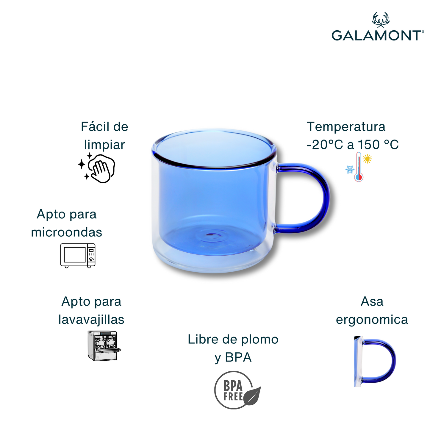 Tazas Doble Fondo Coloridas para Espresso, Capuchino, Té. Juego de 2 Tazas Doble Pared de Vidrio de 300 ml. Tazas de Café Bonitas Azules