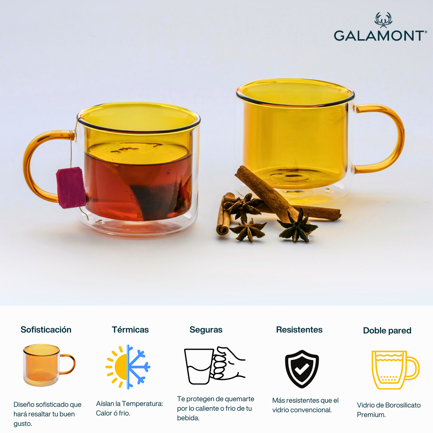 Tazas Doble Fondo Coloridas para Espresso, Capuchino, Té. Juego de 2 Tazas Doble Pared  de Vidrio de 300 ml. Tazas de Café Bonitas  Amarillas