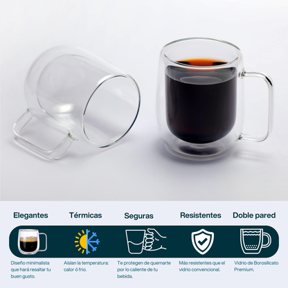 Tazas Transparentes para Café Espresso, Capuchino, Té. Tazas Doble Fondo. Juego de 2 Tazas Doble Pared de  Vidrio 300 ml. Tazas de Café Bonitas