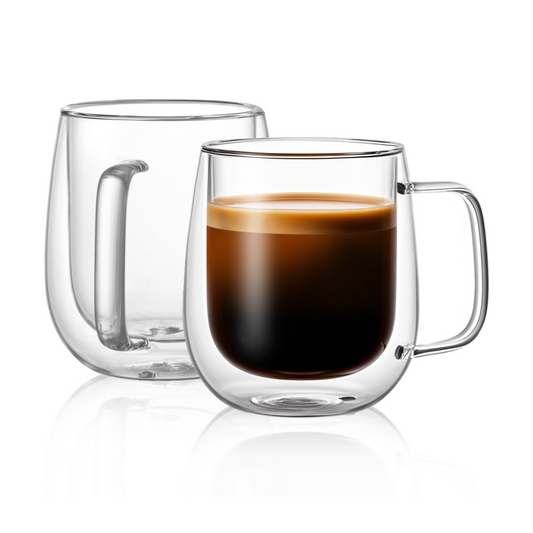 Tazas Doble Fondo de Cristal para Café Americano, Capuchino, Latte, Té. Set de 2 Tazas Doble Pared de Vidrio, 450 ml. Transparentes y Aisladas