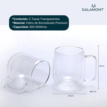 Tazas Transparentes para Café Espresso, Capuchino, Té. Tazas Doble Fondo. Juego de 2 Tazas Doble Pared de  Vidrio 300 ml. Tazas de Café Bonitas