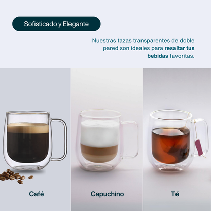 Tazas Transparentes para Café Espresso, Capuchino, Té. Tazas Doble Fondo. Juego de 2 Tazas Doble Pared de  Vidrio 300 ml. Tazas de Café Bonitas