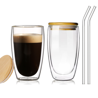 Vasos Doble Pared de Vidrio con Tapa de Bambú y Popote para Café, Capuchino, Té. Térmicos, Resistentes (2 X 350 ml)