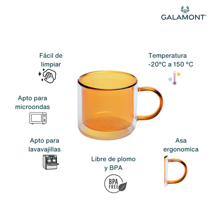Tazas Doble Fondo Coloridas para Espresso, Capuchino, Té. Juego de 2 Tazas Doble Pared  de Vidrio de 300 ml. Tazas de Café Bonitas  Amarillas