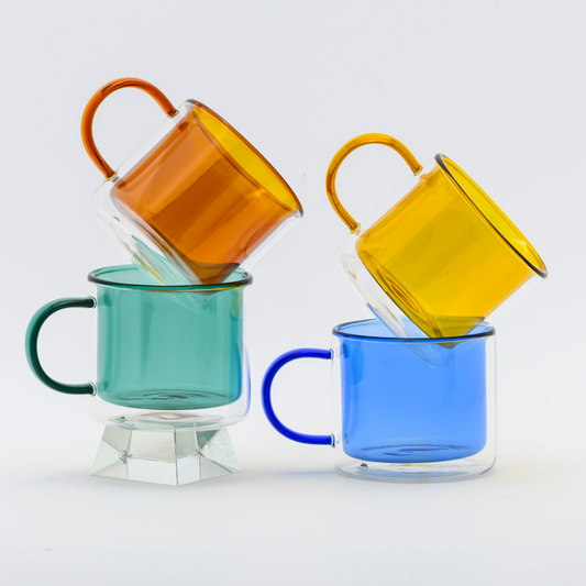 Tazas Doble Fondo para Café Espresso, Capuchino, Té. Set de 4 Tazas Doble Pared de Vidrio Coloridas. 300 ml. Ámbar, Verde, Amarillo y Azul.