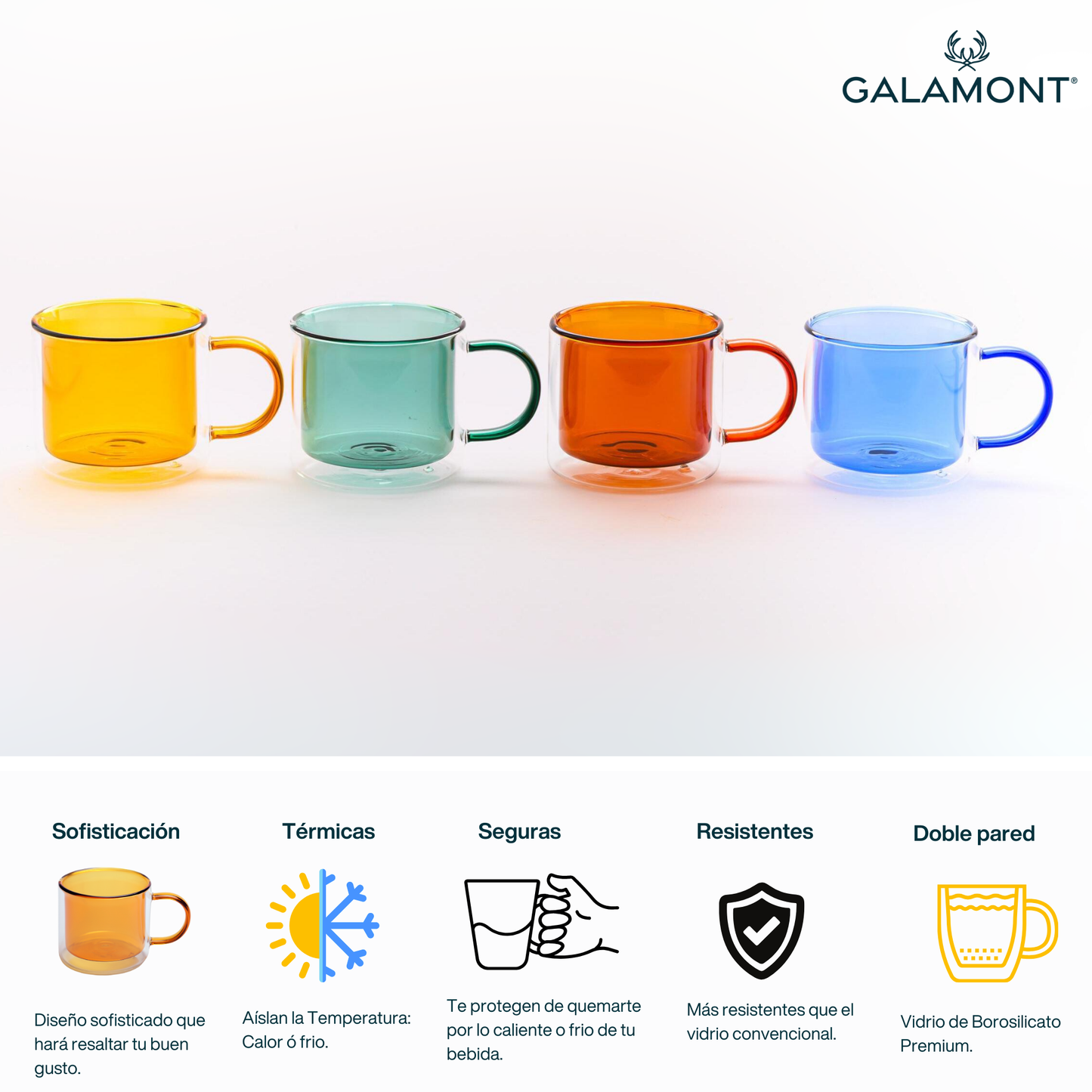 Tazas Doble Fondo para Café Espresso, Capuchino, Té. Set de 4 Tazas Doble Pared de Vidrio Coloridas. 300 ml. Ámbar, Verde, Amarillo y Azul.