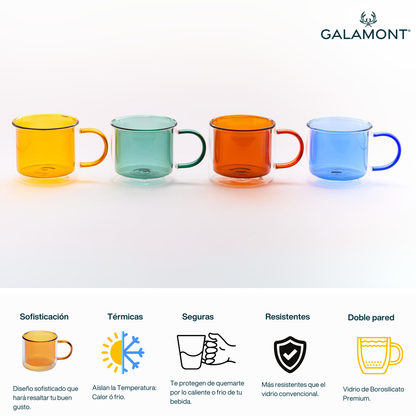 Tazas Doble Fondo para Café Espresso, Capuchino, Té. Set de 4 Tazas Doble Pared de Vidrio Coloridas. 300 ml. Ámbar, Verde, Amarillo y Azul.