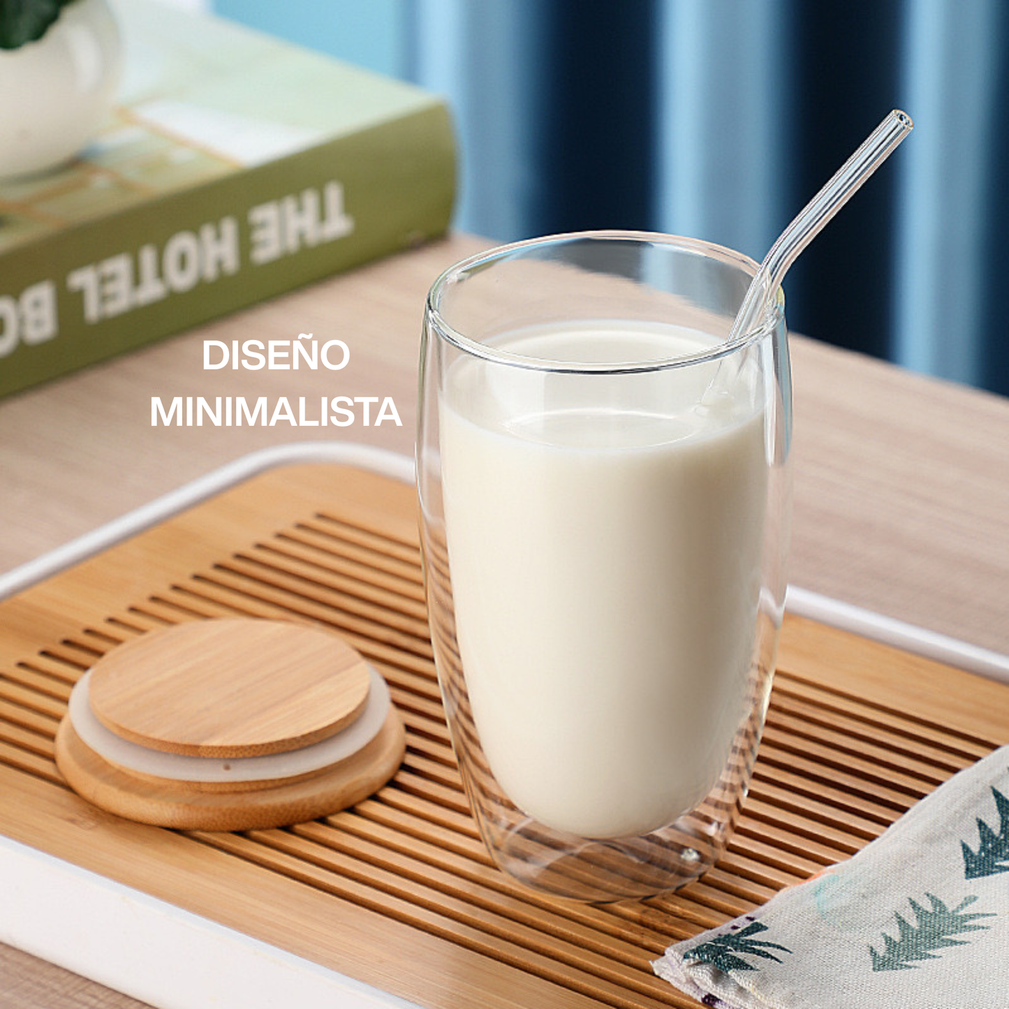 Vasos Doble Pared de Vidrio con Tapa de Bambú y Popote para Café, Capuchino, Té. Térmicos, Resistentes (2 X 350 ml)