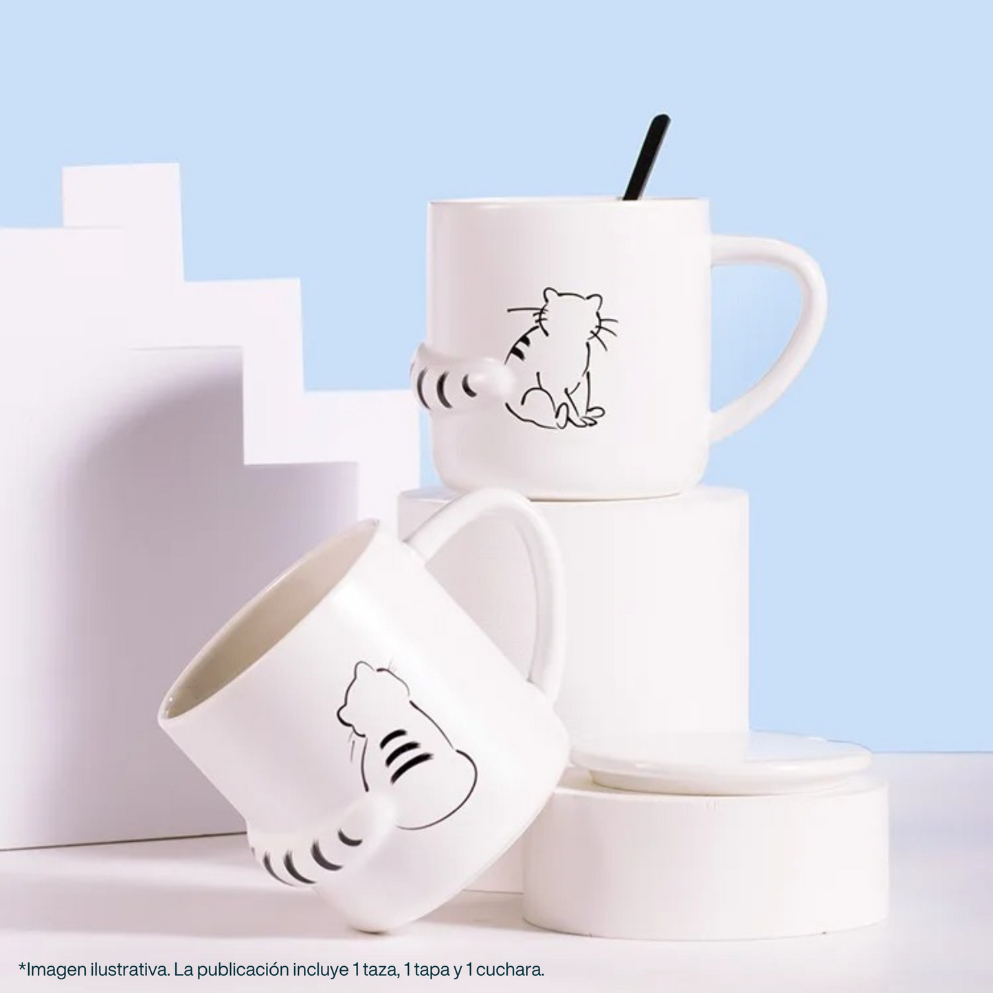 Taza de Gato con Cola en 3D. Diseño de Gatito Distraído. Taza para Amante de los Gatos. Taza para Café de 350 ml.