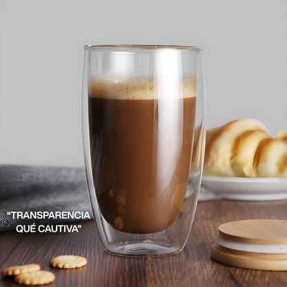 Vasos Doble Pared de Vidrio con Tapa de Bambú y Popote para Café, Capuchino, Té. Térmicos, Resistentes (2 X 350 ml)