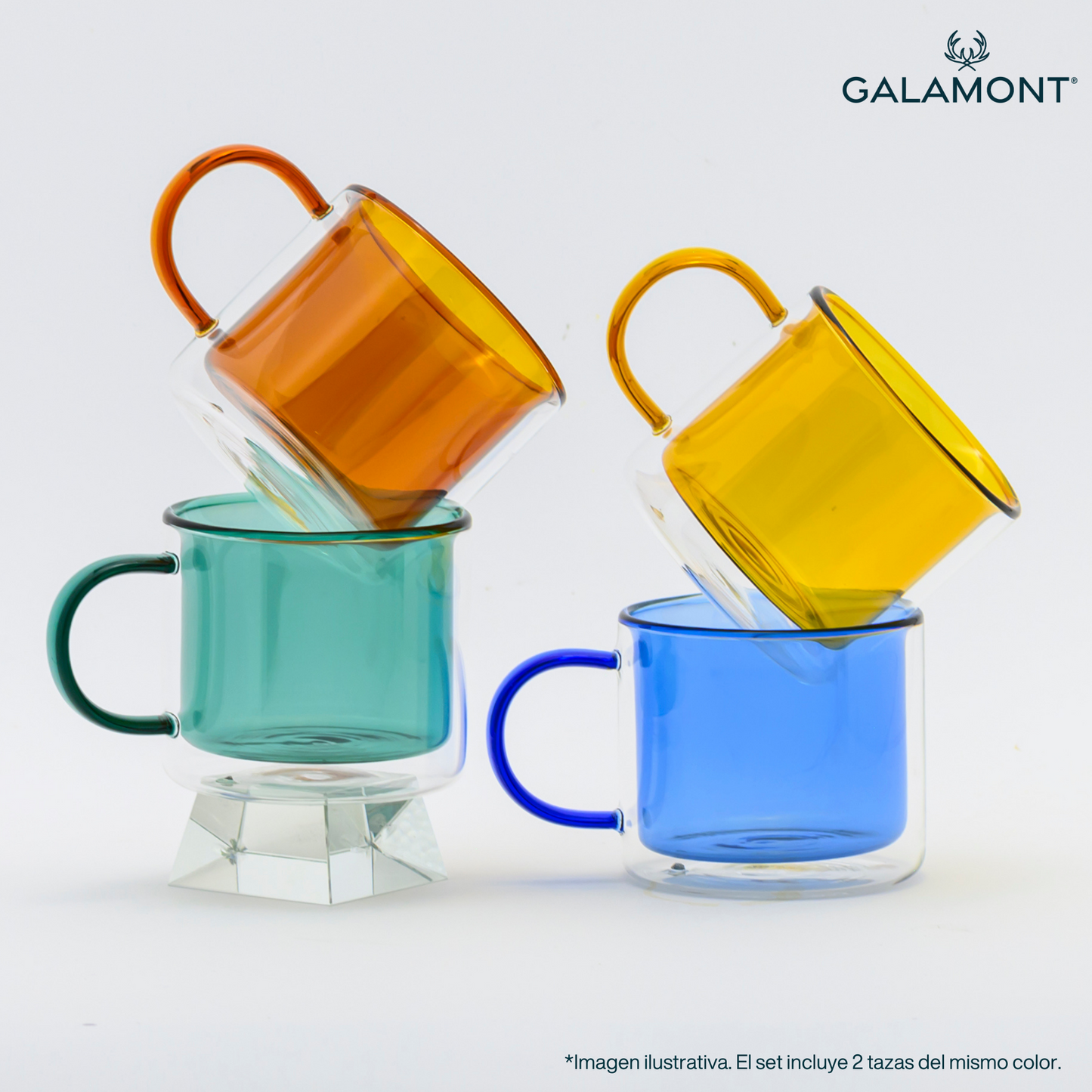 Tazas Doble Fondo Coloridas para Espresso, Capuchino, Té. Juego de 2 Tazas Doble Pared  de Vidrio de 300 ml. Tazas de Café Bonitas  Amarillas