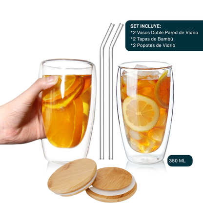 Vasos Doble Pared de Vidrio con Tapa de Bambú y Popote para Café, Capuchino, Té. Térmicos, Resistentes (2 X 350 ml)