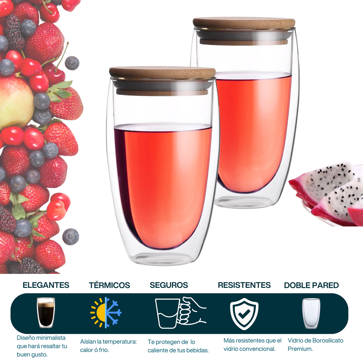 Vasos Doble Pared de Vidrio con Tapa de Bambú y Popote para Café, Capuchino, Té. Térmicos, Resistentes (2 X 350 ml)