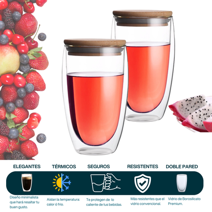 Vasos Doble Pared de Vidrio con Tapa de Bambú y Popote para Café, Capuchino, Té. Térmicos, Resistentes (2 X 350 ml)
