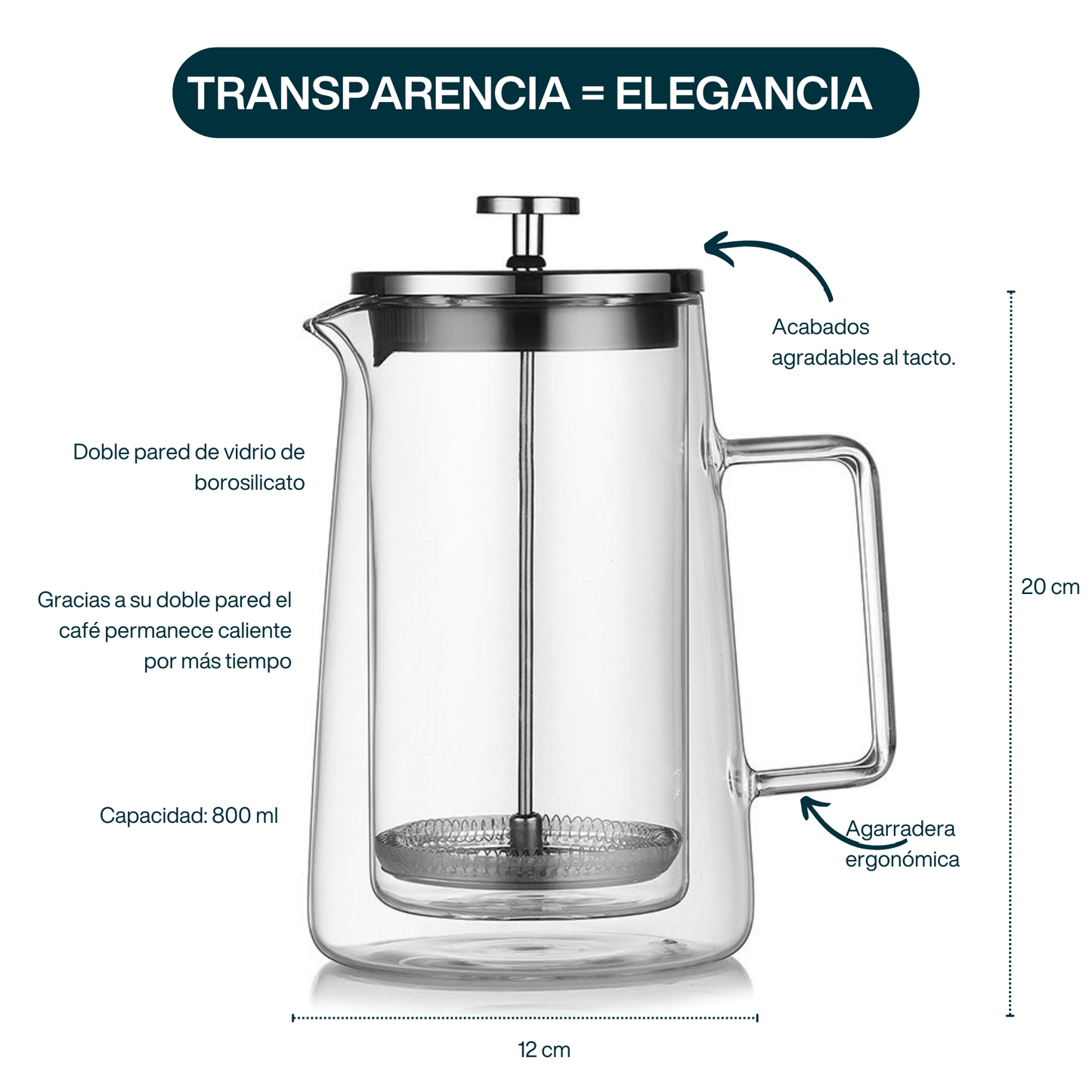 Prensa Francesa para Café y Té. Prensa Francesa Doble Pared. Prensa Francesa de Vidrio Borosilicato Transparente. 800 ml.
