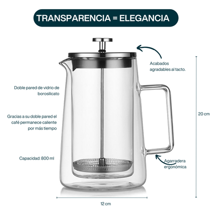 Prensa Francesa para Café y Té. Prensa Francesa Doble Pared. Prensa Francesa de Vidrio Borosilicato Transparente. 800 ml.