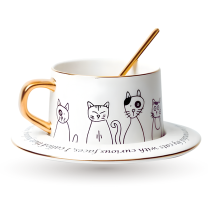 Taza de Gatos para Café. Taza de Lujo para Espresso y Té. Taza para Amante de los Gatos. Juego de Taza y Plato. Blanco