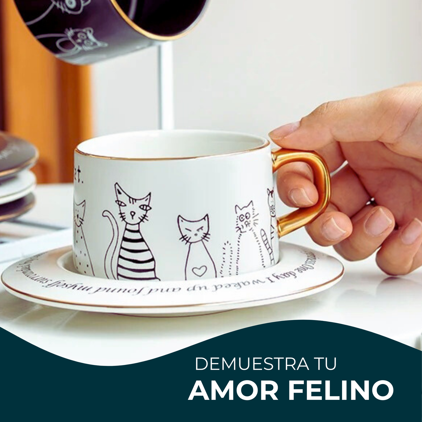 Taza de Gatos para Café. Taza de Lujo para Espresso y Té. Taza para Amante de los Gatos. Juego de Taza y Plato. Blanco