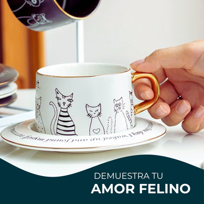 Taza de Gatos para Café. Taza de Lujo para Espresso y Té. Taza para Amante de los Gatos. Juego de Taza y Plato. Blanco