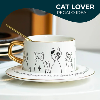 Taza de Gatos para Café. Taza de Lujo para Espresso y Té. Taza para Amante de los Gatos. Juego de Taza y Plato. Blanco