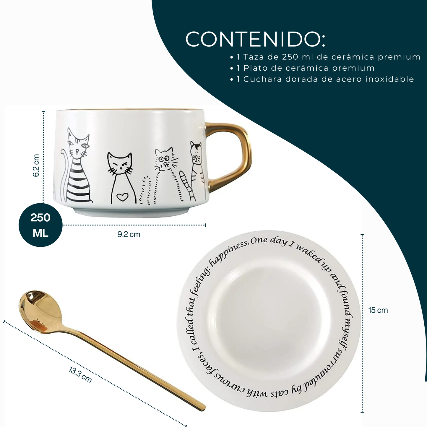 Taza de Gatos para Café. Taza de Lujo para Espresso y Té. Taza para Amante de los Gatos. Juego de Taza y Plato. Blanco