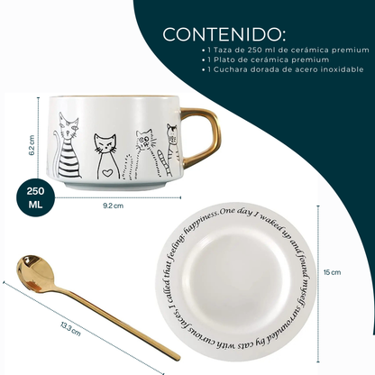 Taza de Gatos para Café. Taza de Lujo para Espresso y Té. Taza para Amante de los Gatos. Juego de Taza y Plato. Blanco