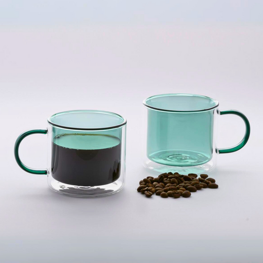 Tazas Doble Fondo Coloridas para Espresso, Capuchino, Té. Juego de 2 Tazas Doble Pared de Vidrio de 300 ml. Tazas de Café Bonitas Verdes