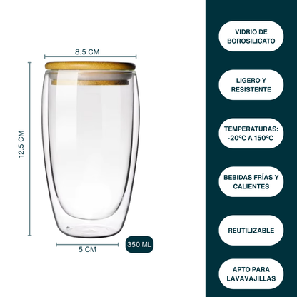 Vasos Doble Pared de Vidrio con Tapa de Bambú y Popote para Café, Capuchino, Té. Térmicos, Resistentes (2 X 350 ml)