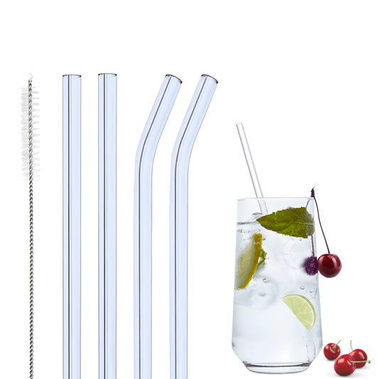 Popotes de Vidrio Reutilizables. Set de 4 popotes (2 Rectos + 2 Curvos) con Cepillo de Limpieza. Transparentes, Ecológicos, Elegantes. (Claros)