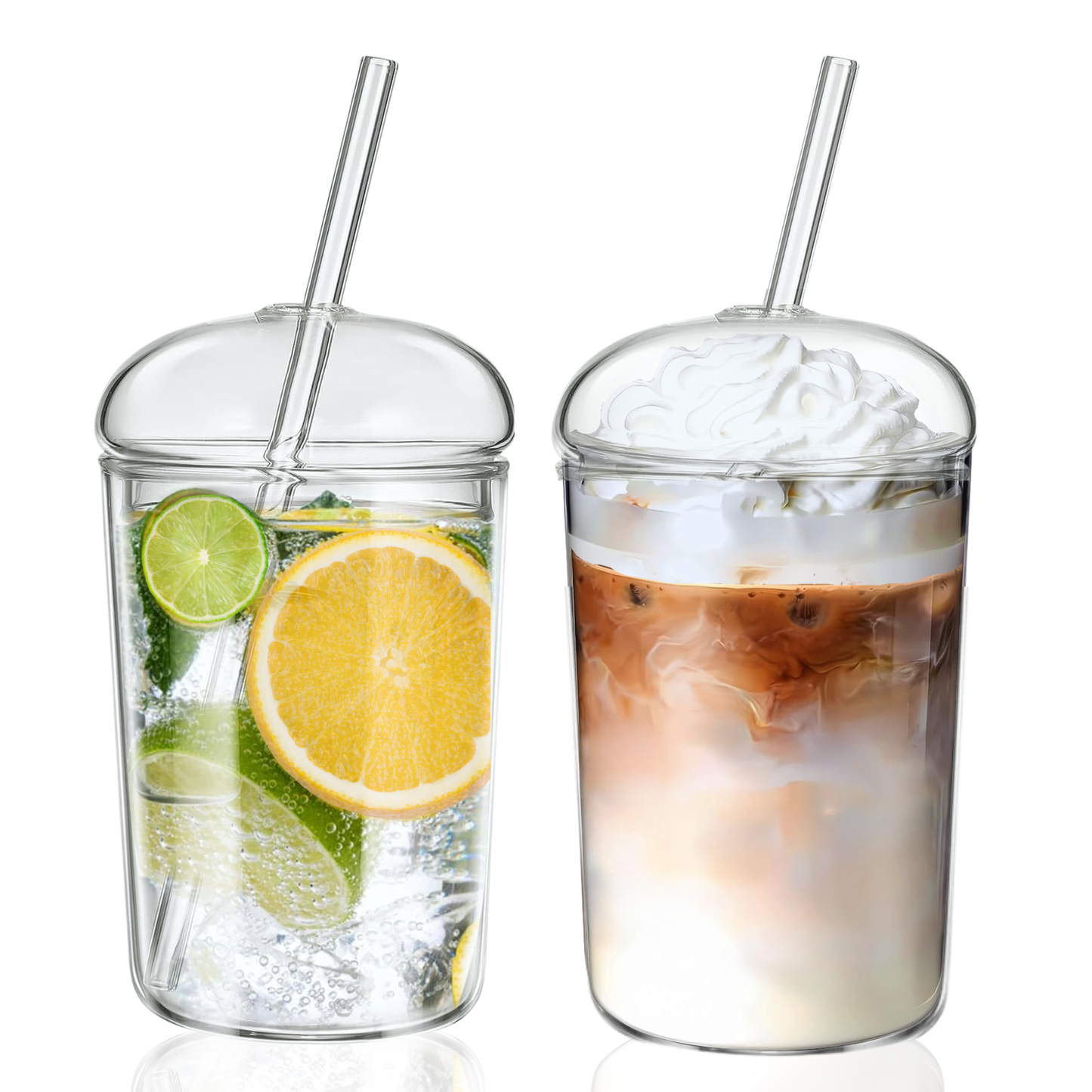 Vasos de Vidrio para Café, Cold Brew, Frapuchino, Agua, Té Helado. Set de 2 Vasos con Tapas y Popotes, 500 ml. Diseño Aesthetic
