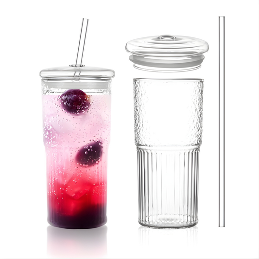 Vasos de Vidrio con Tapa y Popote. Set de Vasos Acanalados para Café Frío, Té Helado, Soda, Frappé, Cold Brew. Modernos, Elegantes (2 x 600 ml)