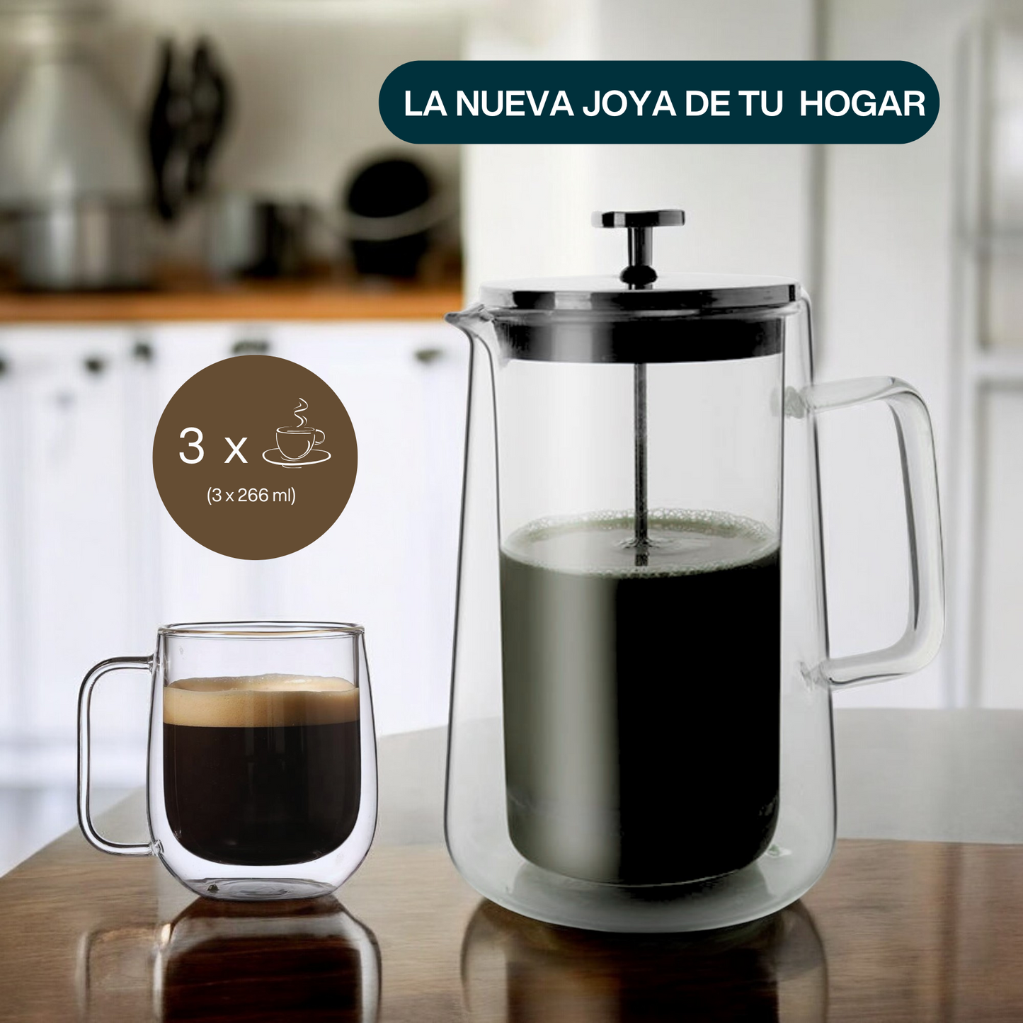 Prensa Francesa para Café y Té. Prensa Francesa Doble Pared. Prensa Francesa de Vidrio Borosilicato Transparente. 800 ml.
