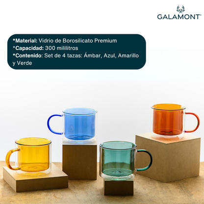 Tazas Doble Fondo para Café Espresso, Capuchino, Té. Set de 4 Tazas Doble Pared de Vidrio Coloridas. 300 ml. Ámbar, Verde, Amarillo y Azul.